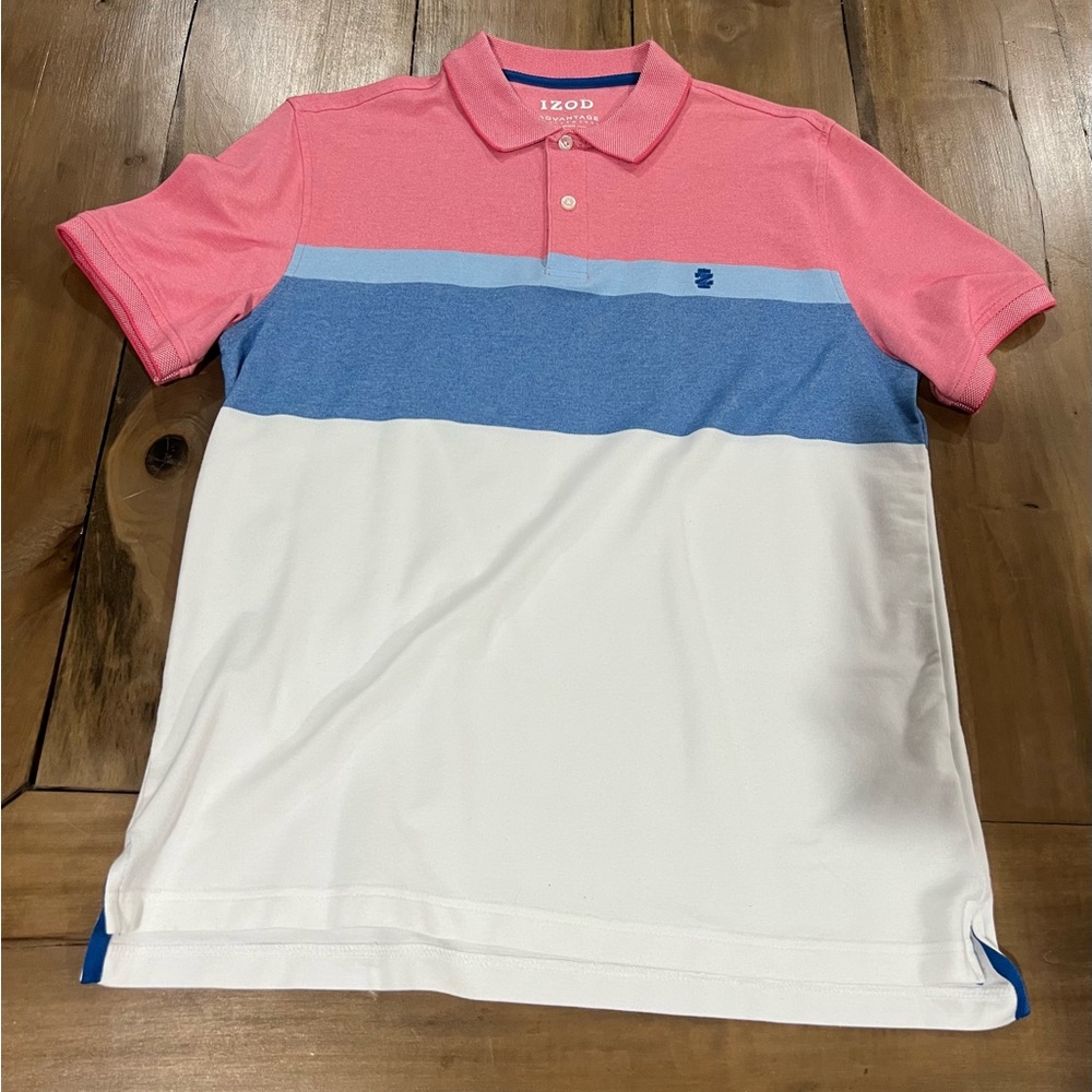 Izod Advantage Performance Men’s Polo Shirt, Size Medium, Pink/Blue/White